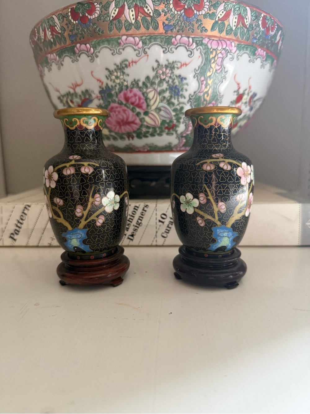 Vintage Black Cloisonné Floral Mini Vases - Pair mirrored